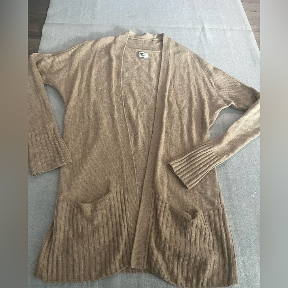 [S]Sunday Best Tan Ribbed Open-Front Viscose Blend Cardigan